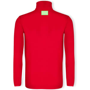 A red polar fleece jacket with a high collar and a logo on the back.