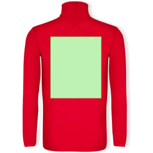 A red polar fleece jacket with a high collar and a blank square area on the back, featuring a logo.