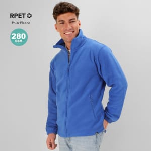 A blue polar fleece jacket with a zip-up front, featuring a collar and side pockets. It has a logo on the design.