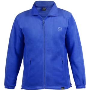 A polar fleece jacket in bright blue featuring a zip front and two side pockets. It has a logo on the chest.
