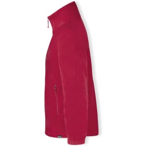 A red polar fleece jacket with a high collar and a zippered side pocket, featuring a logo.