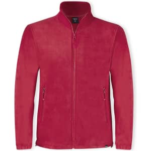 A red polar fleece jacket with a zip front and two side pockets, featuring a branding logo.