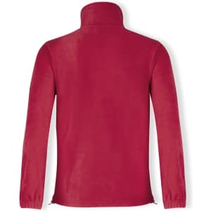 A red polar fleece jacket with a high collar and long sleeves, featuring a branding logo.