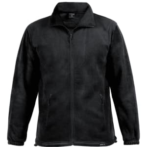 A black polar fleece jacket with a zip front, two side pockets, and a collar. It features a branding logo.
