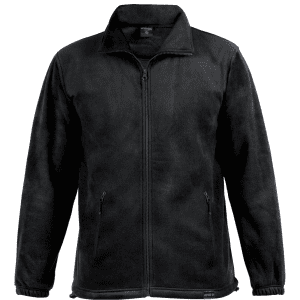 A black polar fleece jacket with a full zip, two side pockets, and a collar. It features a logo on the front.