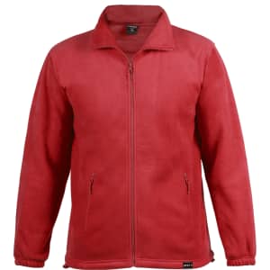 A red polar fleece jacket with a zip front and two side pockets. It features a branding logo.