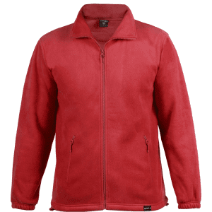 A red polar fleece jacket featuring a zip front and two side pockets, with a logo displayed.