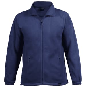 A navy polar fleece jacket with a zip front and side pockets, featuring a small logo.