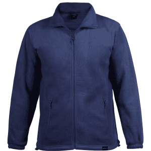 A polar fleece jacket in dark navy blue with a zip closure and side pockets, featuring a logo.