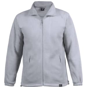 A polar fleece jacket in light grey with a front zip and side pockets, featuring a logo on the chest.