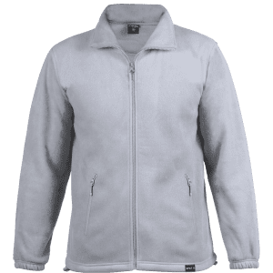 A polar fleece jacket in light grey with a zip front and two side pockets. It features a logo on the hem.