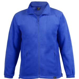A blue polar fleece jacket with a front zipper and side pockets. It features a logo on the lower hem.