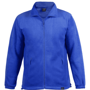 A polar fleece jacket in vibrant blue, featuring a front zip and side pockets, with a small logo on the hem.