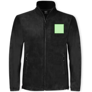 A black polar fleece jacket featuring a zip front and side pockets, with a square area for branding.