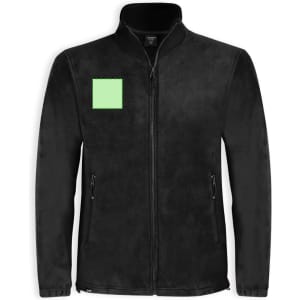 A black polar fleece jacket featuring a zip front and side pockets, with an area for a logo or branding on the chest.