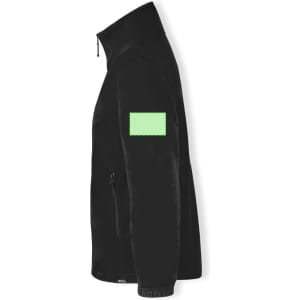 A black polar fleece jacket with a zip, featuring a green patch on the sleeve and side pockets.