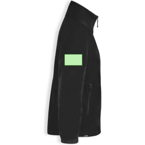 A black polar fleece jacket with a green square patch on the sleeve. Features a high collar and zip closure.