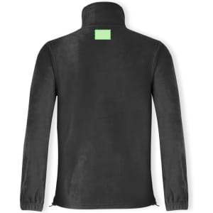 A black polar fleece jacket featuring a high collar and a logo on the back.