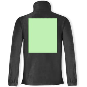 A black polar fleece jacket featuring a large green square on the back and a high collar. It has a logo on the front.