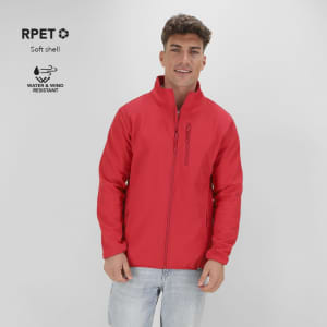 A red soft shell jacket with a zippered front, featuring a logo and a model posing against a plain background.