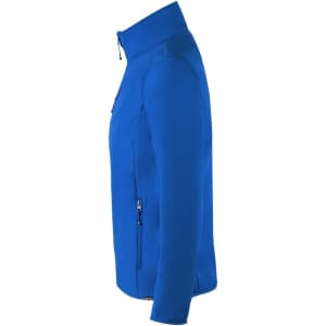 A blue soft shell jacket with a high collar and zippered pockets, featuring a logo on the chest.