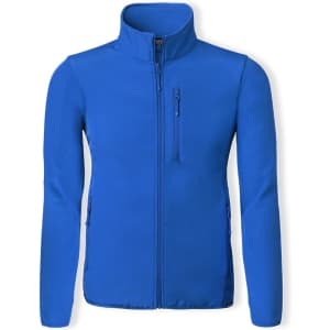 A soft shell jacket in vibrant blue, featuring a front zip and side pockets, with a small chest pocket and a logo.