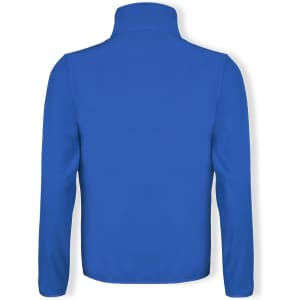 A blue soft shell jacket with a high collar and long sleeves, featuring a logo on the back.