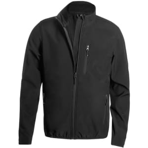 A black soft shell jacket with a zippered front and side pockets, featuring a logo.