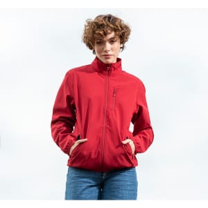 A bright red soft shell jacket with a zippered front and side pockets, featuring a branding logo.