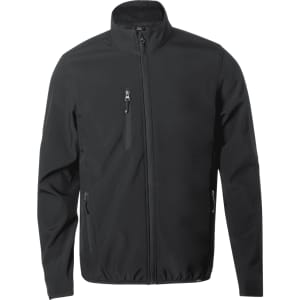 A soft shell jacket in black with a front zipper and side pockets, featuring a standing collar and a logo.