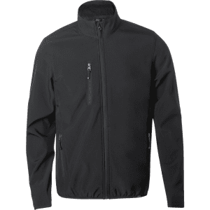 A black soft shell jacket featuring a zippered front and multiple pockets, with a collar and a logo.