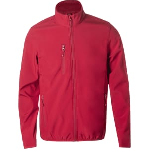 A red soft shell jacket with a zip front, zippered pockets, and a high collar. Features a logo on the chest.