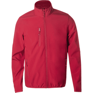 A red soft shell jacket with a zippered front and two side pockets, featuring a logo on the chest.