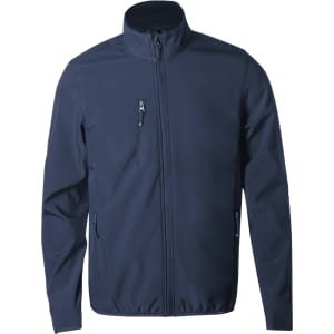 A navy soft shell jacket with a zip front and three zippered pockets. It has a stand collar and a sleek design.