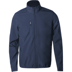 A navy soft shell jacket featuring a full zip, front pockets, and a logo on the chest.