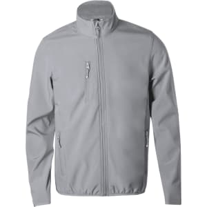 A soft shell jacket in light grey with a high collar and zippered pockets, featuring a logo.