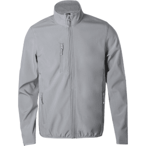A grey soft shell jacket featuring a high collar and three zippered pockets, with a logo on the chest.