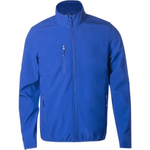 A blue soft shell jacket with a full zip and zippered pockets, featuring a logo on the front.