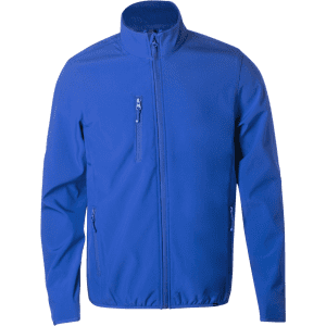 A blue soft shell jacket with a front zip and two side pockets, featuring a small branded logo.