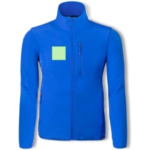 A blue soft shell jacket with a zippered front and side pockets. It features a logo on the upper left side.