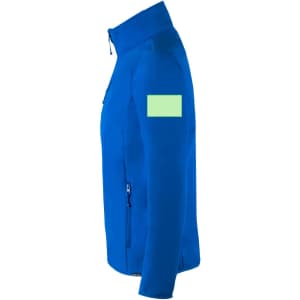 A blue soft shell jacket with a zip front and a sleeve section for branding.