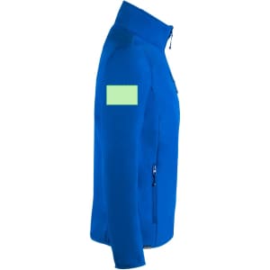 A blue soft shell jacket with a zip and a logo on the sleeve. Features two front pockets and a high collar.