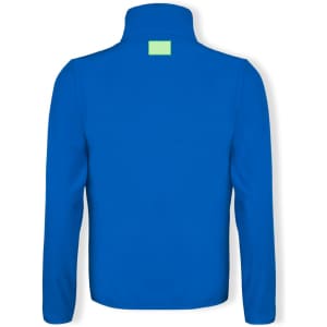 A soft shell jacket in bright blue with a collar, featuring a branding logo at the back.