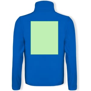 A blue soft shell jacket featuring a blank green area on the back and a collar. It includes a logo on the front.