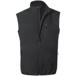 A black vest with a high collar, featuring zippered pockets and a front zipper, and it has a logo on it.