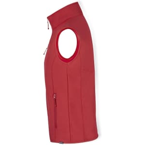 A red sleeveless vest featuring a zippered pocket and a high collar, with a logo present.