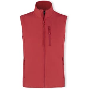 A red vest with a high collar and zip-front design, featuring side pockets and a chest pocket. It has a logo.