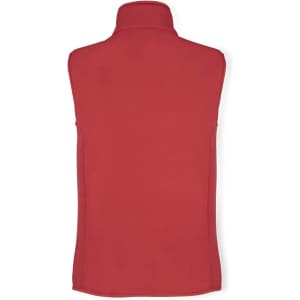 A red sleeveless vest with a high collar and a smooth texture, featuring a branding logo.