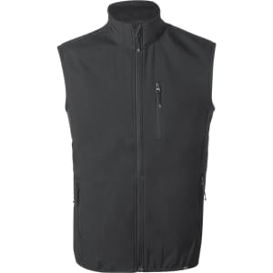A black vest with a high collar and multiple zip pockets, featuring a logo on the fabric.