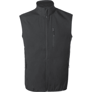 A black vest featuring a high collar and multiple zip pockets, with a logo on the front.